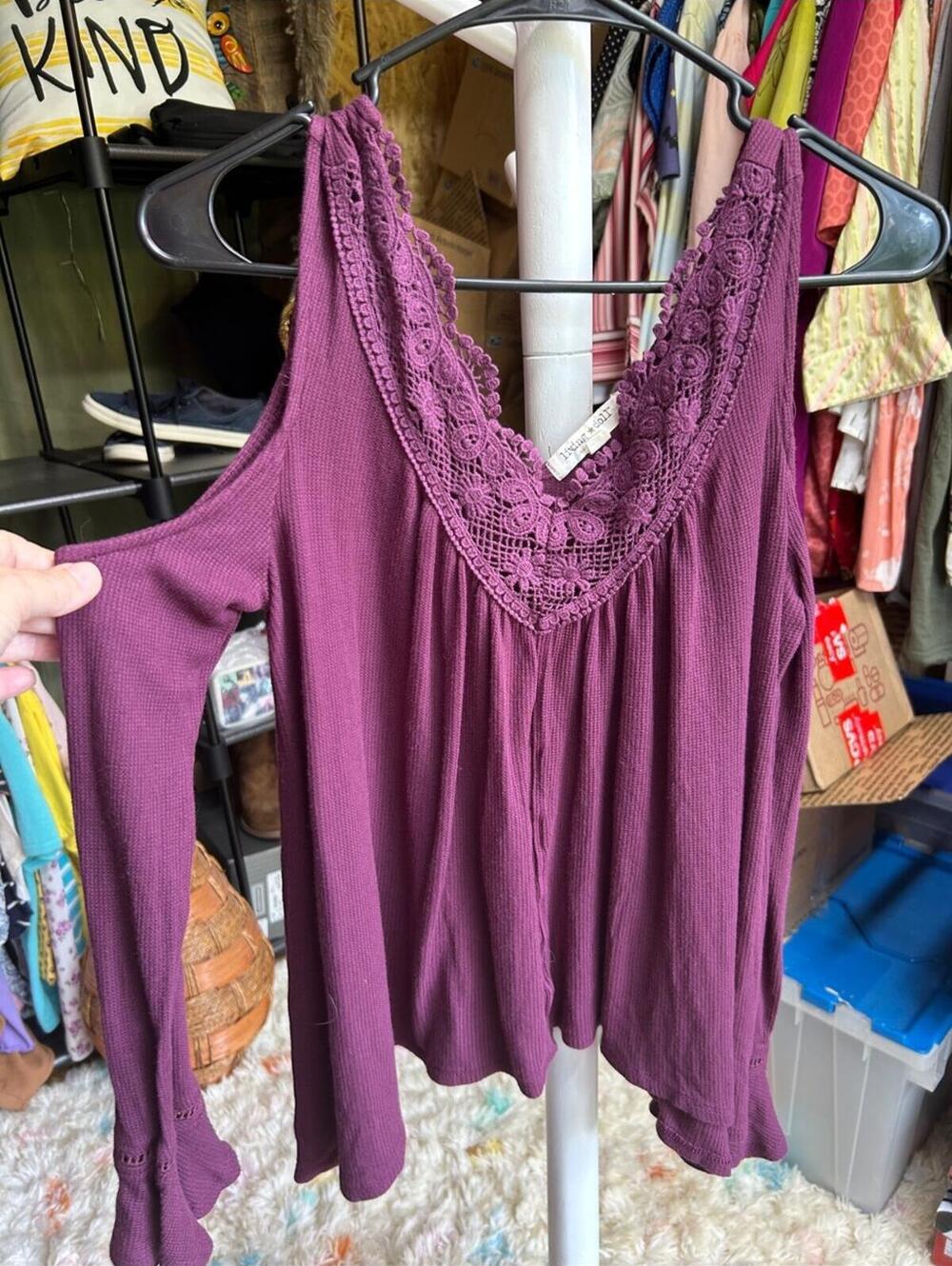 Living Doll Purple Cold Shoulder Top with Lace Trim Size Small